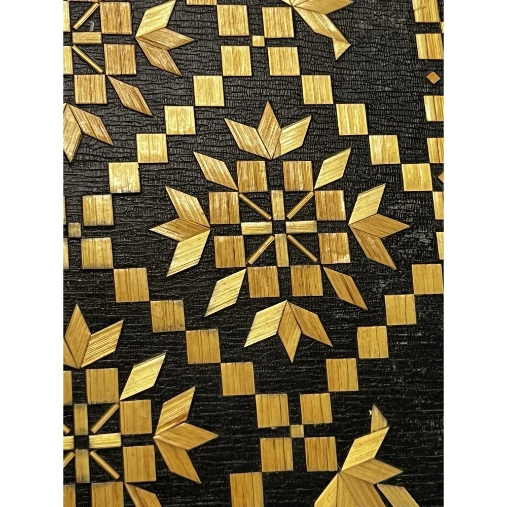 Vtg USSR Straw Marquetry Inlay Wood Jewelry Trinket Box Russia Folk‎ Art Boho
